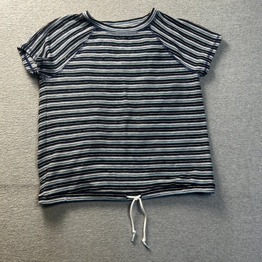 Talbots Striped Drawstring Hem Top Women's Medium Blue White Tee Knit Everyday